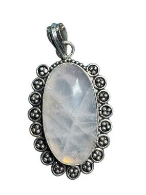 Sterling Silver Oval Moonstone Pendant With Intricate Beaded Border Design